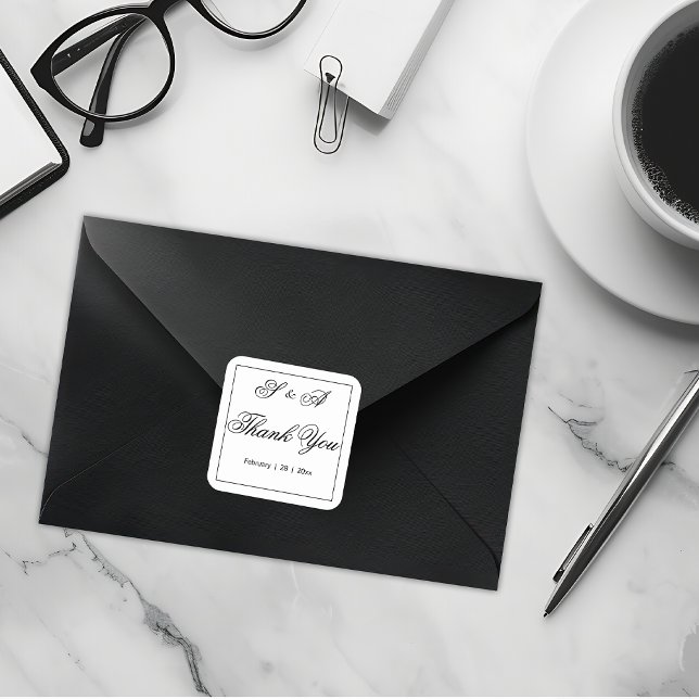 Black and White Thank You Wedding Square Sticker (Creator Uploaded)