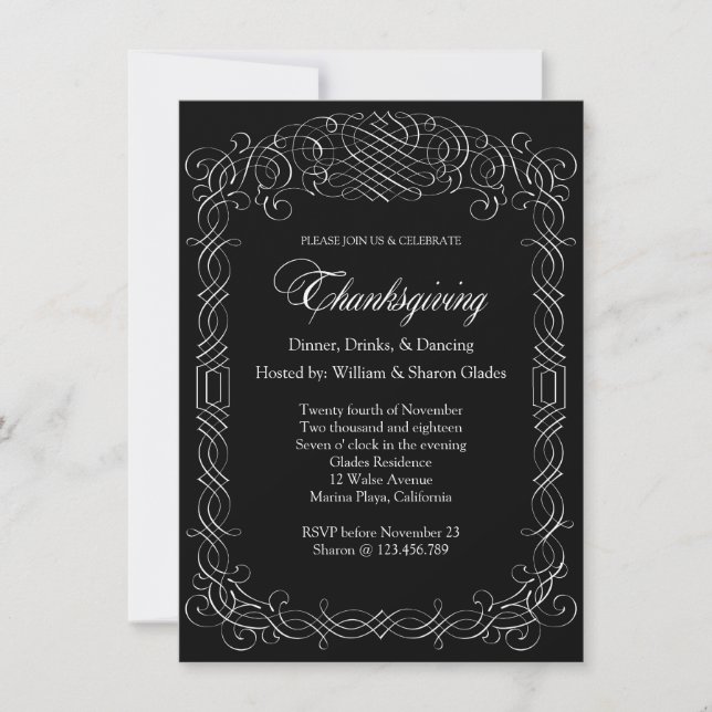Black and White Thanksgiving Dinner Calligraphy Invitation (Front)