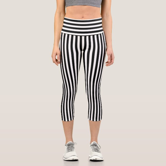 Black and White Thin Stripes Capri Leggings (Front)