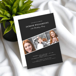 black and white three photo collage birthday  invitation