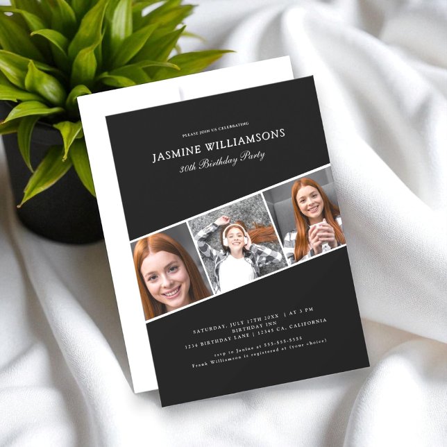 black and white three photo collage birthday  invitation (Creator Uploaded)