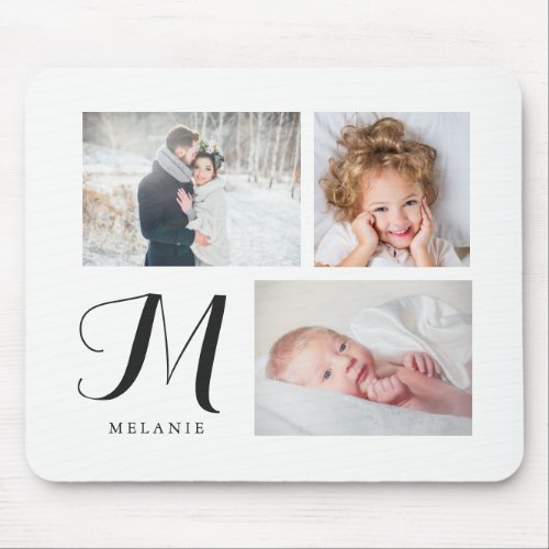 Black and White Three Photo Collage with Monogram Mouse Pad