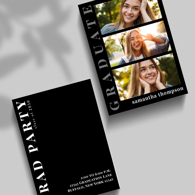 Black and White Three Photo Grad Party Card (Black and white graduation card with three photo collage and bold vertical text.)