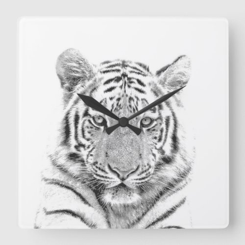 Black and white tiger animal portrait square wall clock