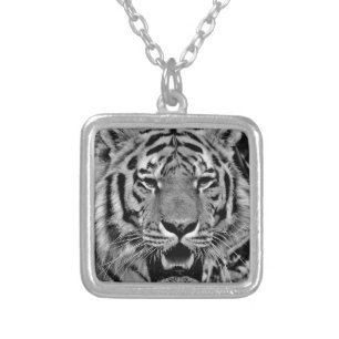 Black and White Tiger Face Silver Plated Necklace