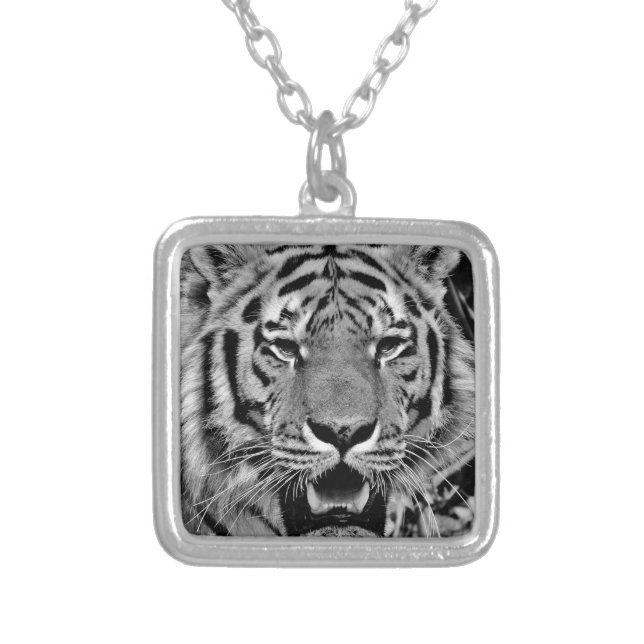 Black and White Tiger Face Silver Plated Necklace (Front)