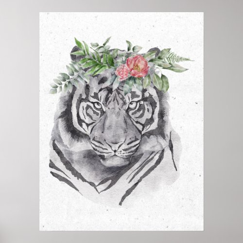 Black and White Tiger in Flower Crown Animal Poster