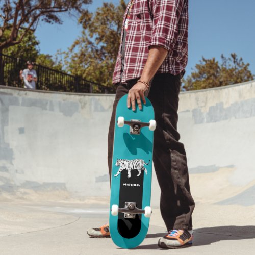 Black and White Tiger on Teal Personalized Skateboard