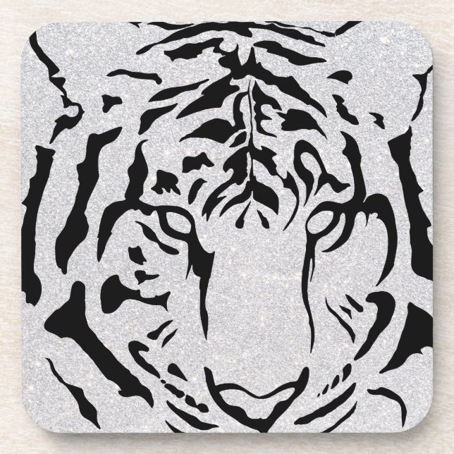 Black and White Tiger Silhouette Beverage Coaster (Front)