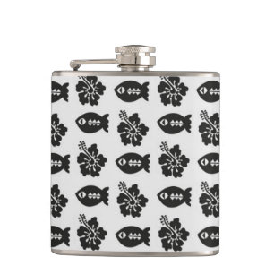 Black and White Tiki Fish and Flower Pattern Flask