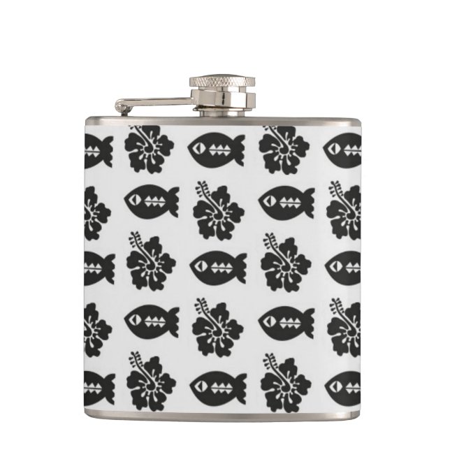 Black and White Tiki Fish and Flower Pattern Flask (Front)