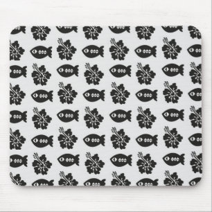 Black and White Tiki Fish and Flower Pattern Mouse Pad