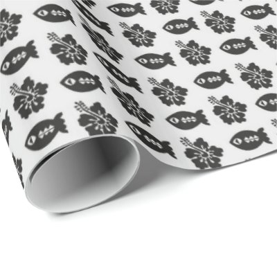 Black and White Tiki Fish and Flower Pattern Wrapping Paper