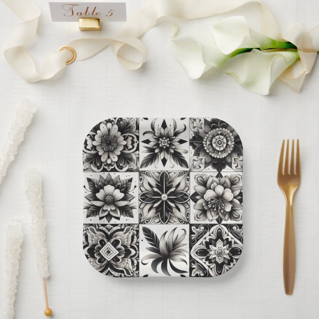 Black and White Tile Paper Plates (Wedding)