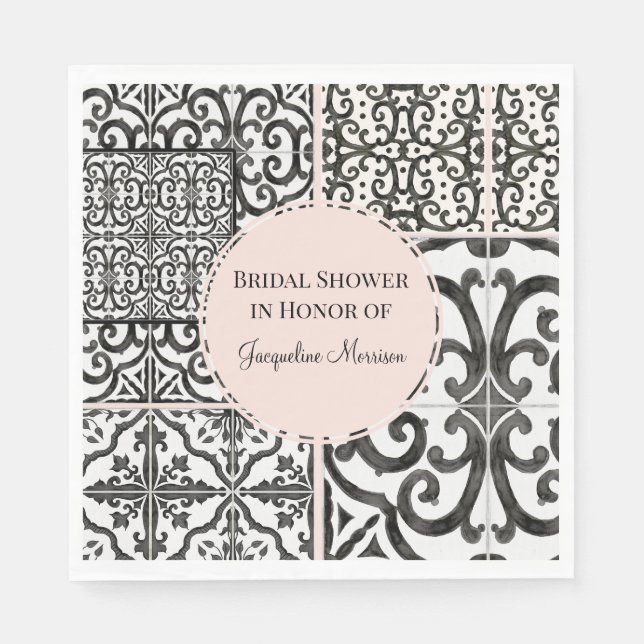 Black and White Tile Pattern Southwest Blush Pink Napkins (Front)