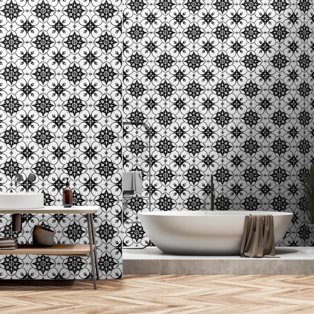 Black and White Tile Pattern Wallpaper (Bathroom)