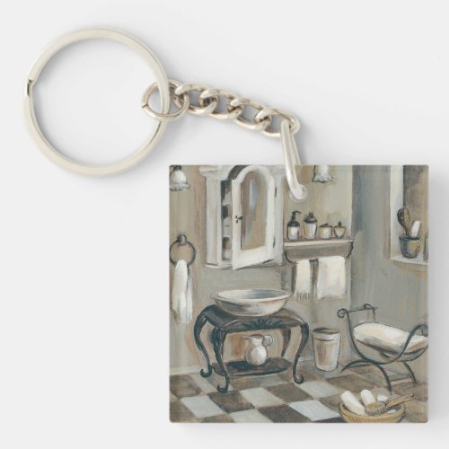 Black and White Tiled French Bathroom Keychain