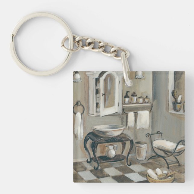 Black and White Tiled French Bathroom Keychain (Front)