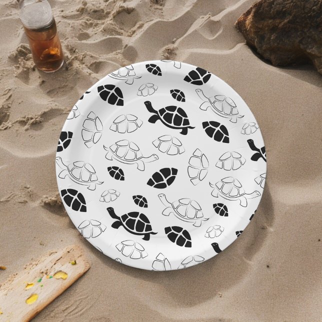 Black and White Tortoise Paper Plates (black white turtle,birthday,wedding,baby shower,special occasion event paper plate party supplies)