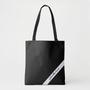 Black and White Tote Bag with Name Diagonal Stripe