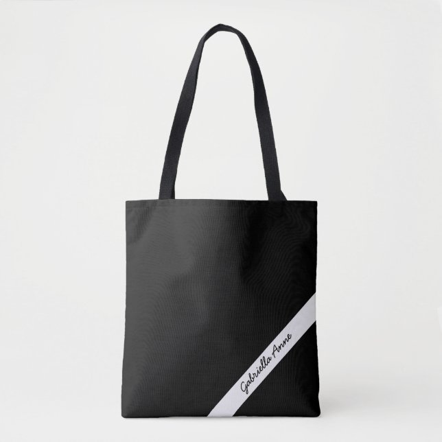 Black and White Tote Bag with Name Diagonal Stripe (Front)