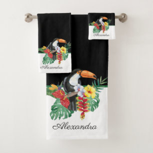 Black and White toucan tropical Monogram Name B Bath Towel Set