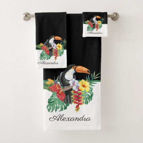 Black and White toucan tropical Monogram  Name   B Bath Towel Set
