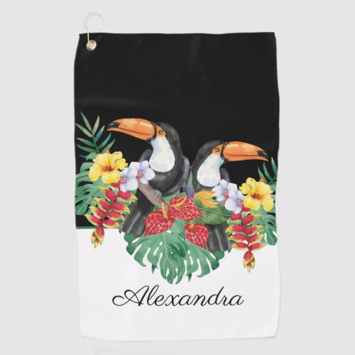 Black and White toucan tropical Monogram  Name Golf Towel