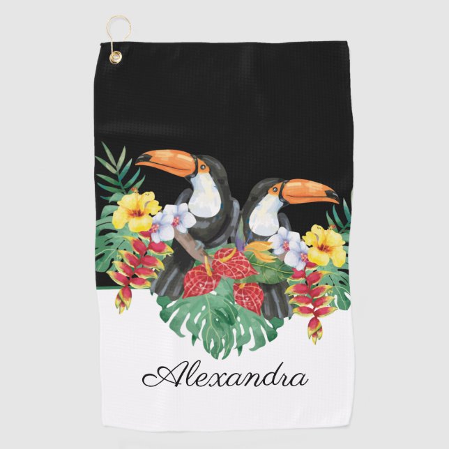 Black and White toucan tropical Monogram  Name Golf Towel (Front)