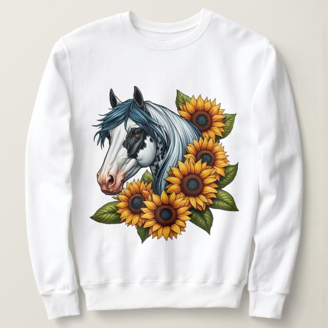 Black and White Tovero Paint Horse and Sunflowers Sweatshirt (Design Front)