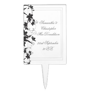 Black And White Traditional Floral Wedding Cake Topper by personalized_wedding at Zazzle