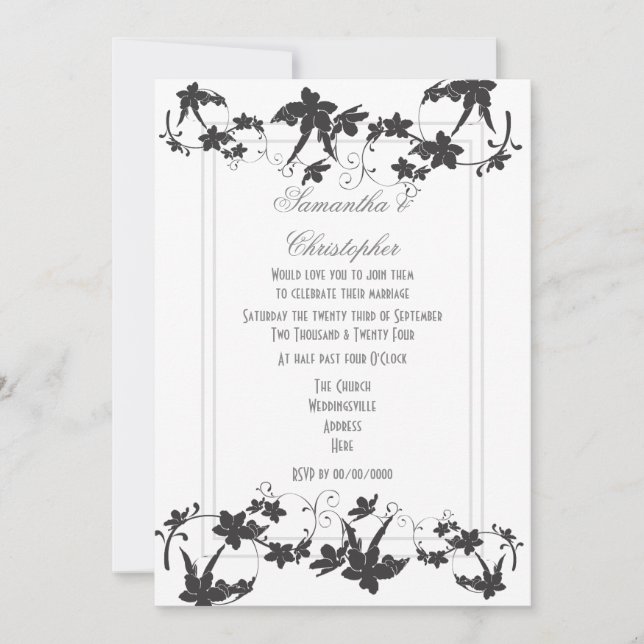 Black and white traditional floral wedding invitation (Front)