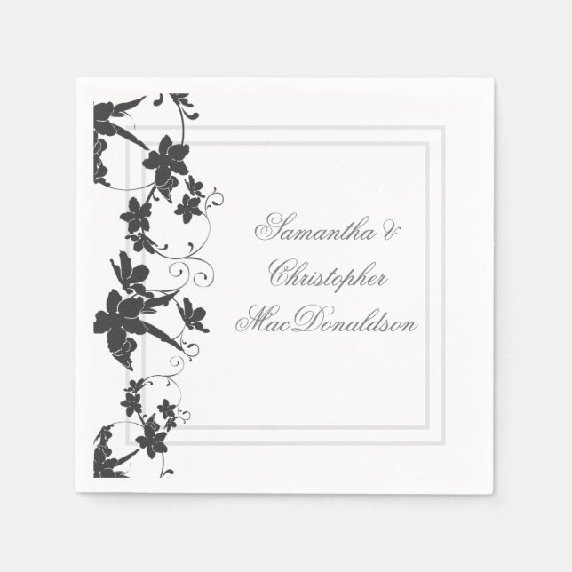 Black and white traditional floral wedding napkins (Front)