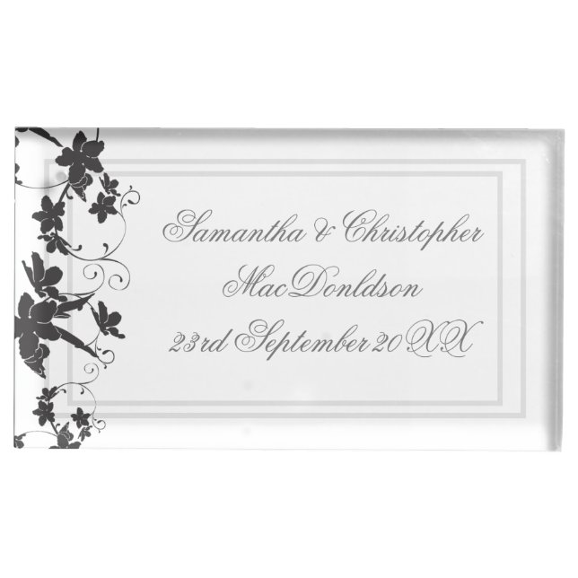 Black and White traditional floral wedding Place Card Holder (Front)