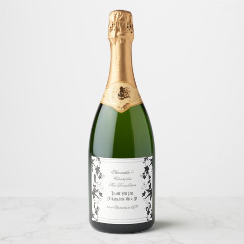 Black and white traditional floral wedding sparkling wine label