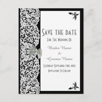 Black And White Traditional Lace Save The Date Announcement Postcard by personalized_wedding at Zazzle