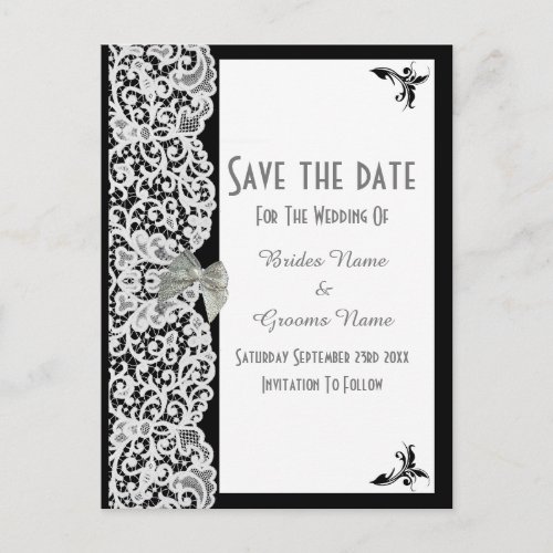 Black and white traditional lace save the date announcement postcard