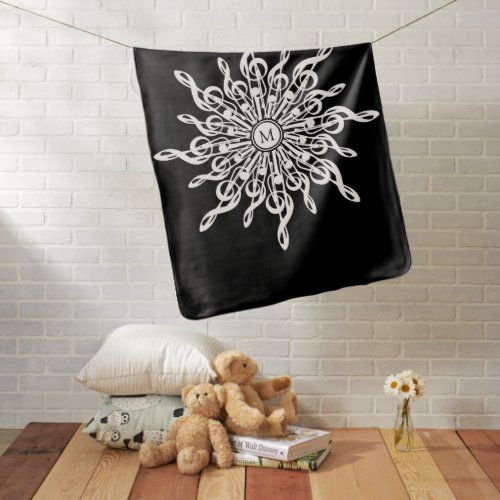 Black and White Treble Clef Snowflake Monogram Baby Blanket