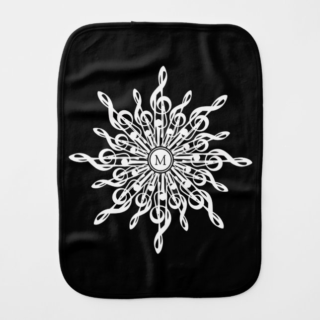 Black and White Treble Clef Snowflake Monogram Baby Burp Cloth (Front)
