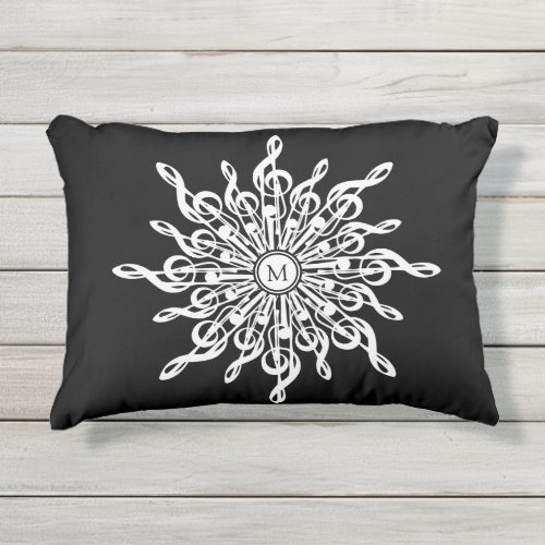 Black and White Treble Clef Snowflake Monogram Outdoor Pillow