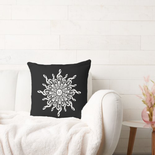 Black and White Treble Clef Snowflake Monogram Throw Pillow