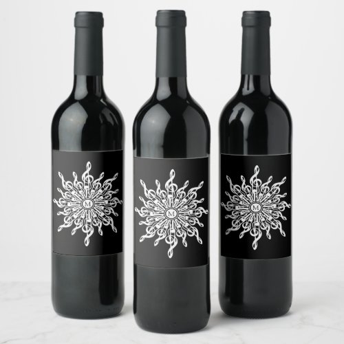 Black and White Treble Clef Snowflake Monogram Wine Label