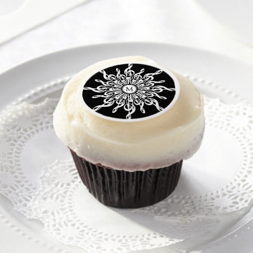 Black and White Treble Clefs Snowflake Monogram Edible Frosting Rounds