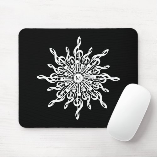Black and White Treble Clefs Snowflake Monogram Mouse Pad