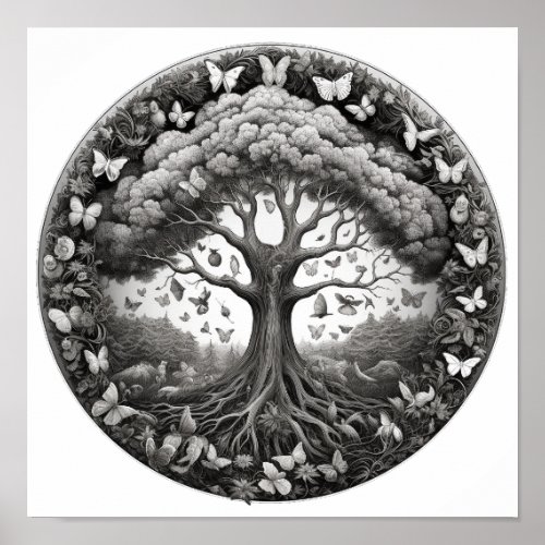 Black and White Tree of Life with Butterflies Poster