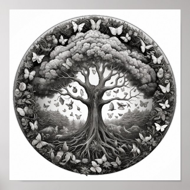 Black and White Tree of Life with Butterflies Poster (Front)
