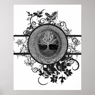 Black and White Tree of Life with Flowers Poster