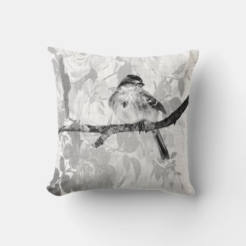 Black and White Tree Sparrow and Roses Geometric Throw Pillow