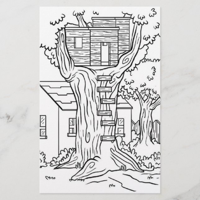 Black and white treehouse coloring page stationery (Front)