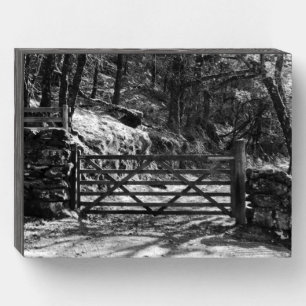 BLACK AND WHITE TREES AND GATE WOODEN BOX SIGN